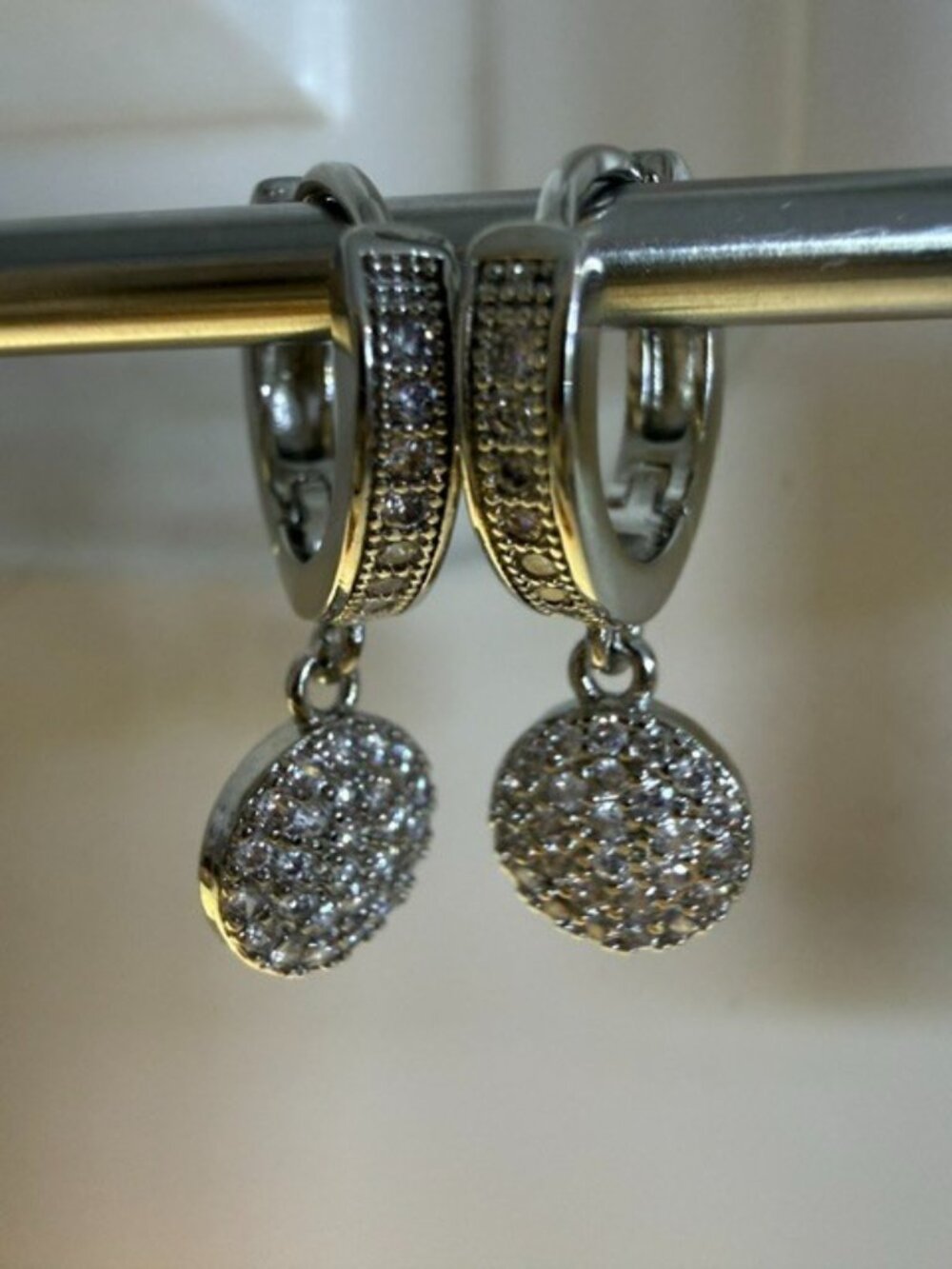 Rhodium Plated Dangling CZ Disc Huggie Earrings Pave Hoops Silver Tone Round New